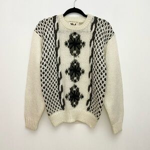 Hand Knitted Cream/Brown Snowflake Crewneck Pullover Sweater